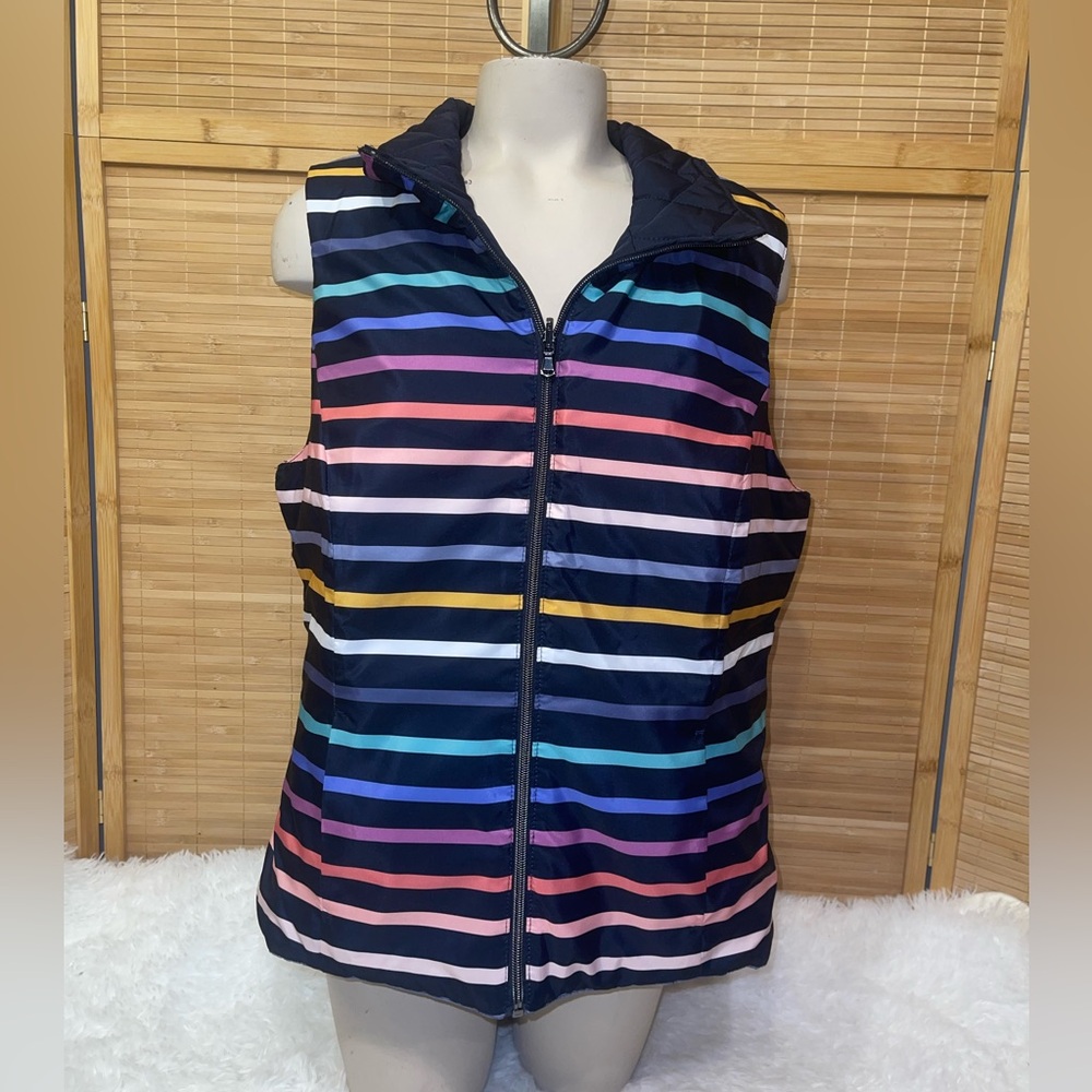Christopher & Banks reversible women's quilted vest stripes solid navy blue L